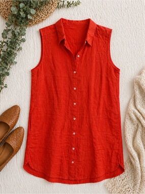 Pure Navy | Sleeveless Button-Front Linen Tunic Dress - Bright Red-Orange